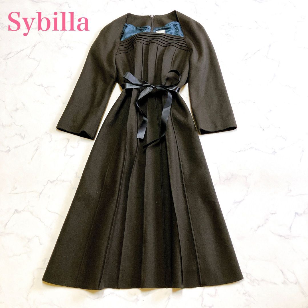 Sybilla シビラ ロングワンピース ウール ピンタック Aライン M~細身L 細見え 上品