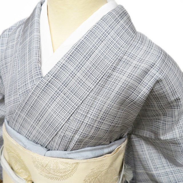 紬地 着物 リサイクル 正絹 袷 カジュアル 寄せ柄 江戸小紋柄 鼠色 身丈168cm 裄66.5cm L トール きもの北條 A1279-7