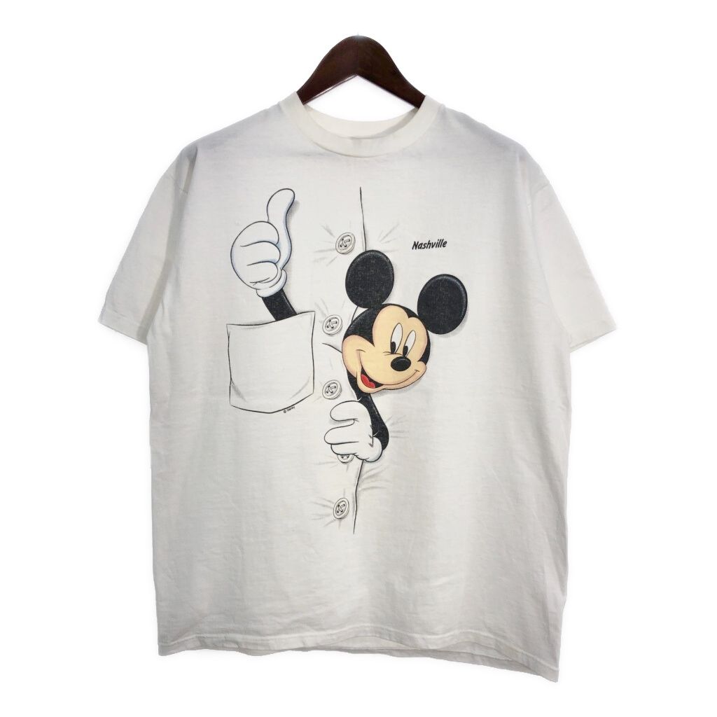 90年代 USA製 Disney ディズニー 騙し絵 ミッキーマウス 半袖Ｔシャツ キャラクター ホワイト (メンズ XL) 中古 古着 T3761