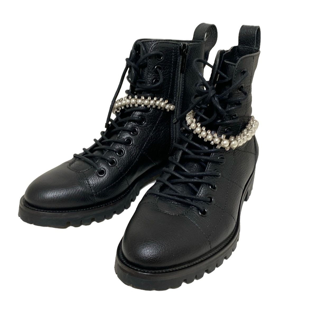JIMMY CHOO ジミーチュウ レザー パール ショートブーツ ブラック