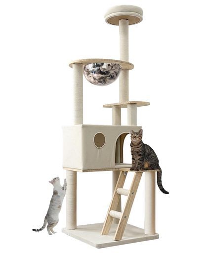 宇宙船付き多階層木製キャットタワー新素材毛抜け無し広々とした隠れ家トップパーチ全面カバー爪とぎポスト室内猫用マルチキャットタワー室内人気運動不足解消ミニタワー wood
