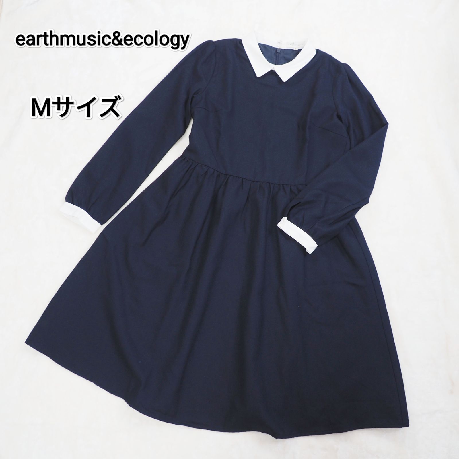 【earthmusic&ecologyアースミュージックアンドエコロジー】襟付きワンピース★Mサイズ★ネイビー★膝丈