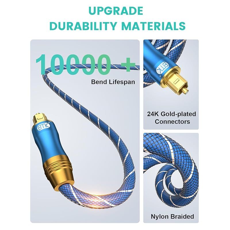 光デジタルケーブル EMK 光デジタルオーディオオプティカルケーブル SPDIF OPTICAL TOSLINK トスリンク 角型 金メッキ 高耐久性 PS4/サウンドバー/TVスピーカーなど用 (ブルー, 10M) 0