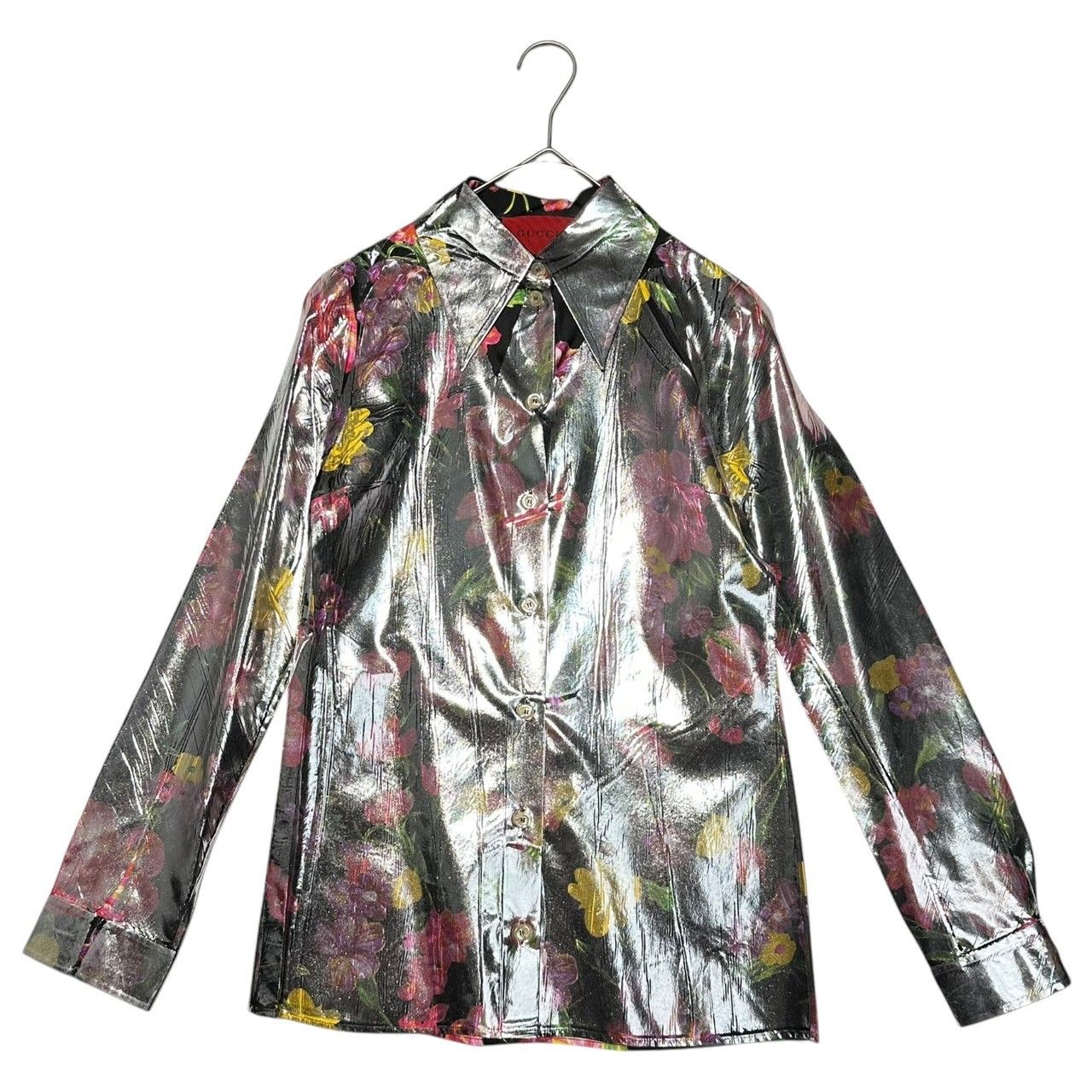 GUCCI(グッチ) 18SS シルク総花柄 ラミネート加工 長袖シャツ WJ0 506489 36(S程度) シルバー×ピンク アレッサンドロ・ミケーレ氏デザイン期 GUCCI(グッチ) 18SS シルク総花柄 ラミネート加工 長袖シャツ