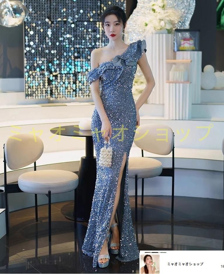 イブニングドレス スパンコール ワンショルダー タイト スリット パーティー|結婚式|二次会 セクシー エレガント スリット有 高見え パーティー|クラブ|ラウンジ|同窓会|披露宴 S～XL 光沢感 ドレスコード対応 裏地 サイズ展開S～XL