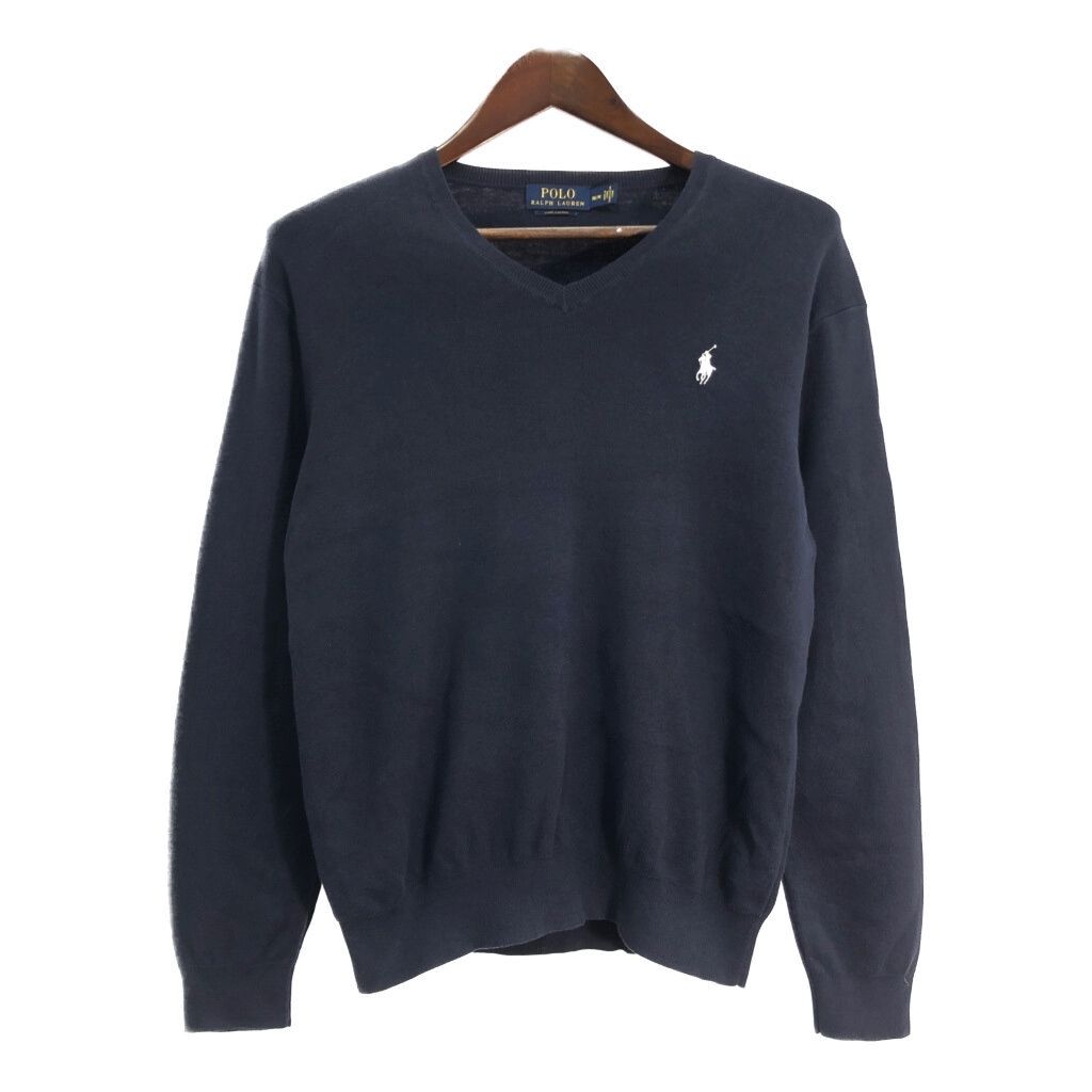 Polo by Ralph Lauren ポロ ラルフローレン ハイゲージ Vネック コットン ニット セーター ネイビー (メンズ M) 中古 古着 T2978