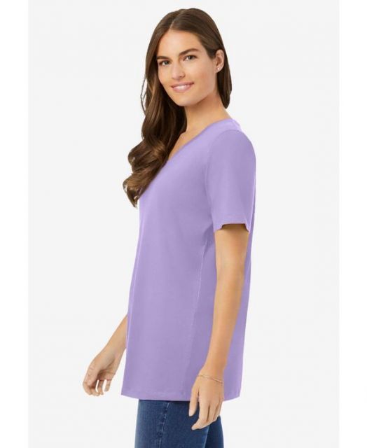 送料無料 ウーマン ウィズイン レディース シャツ トップス Plus Size Perfect Short-Sleeve V-Neck Tee Soft iris