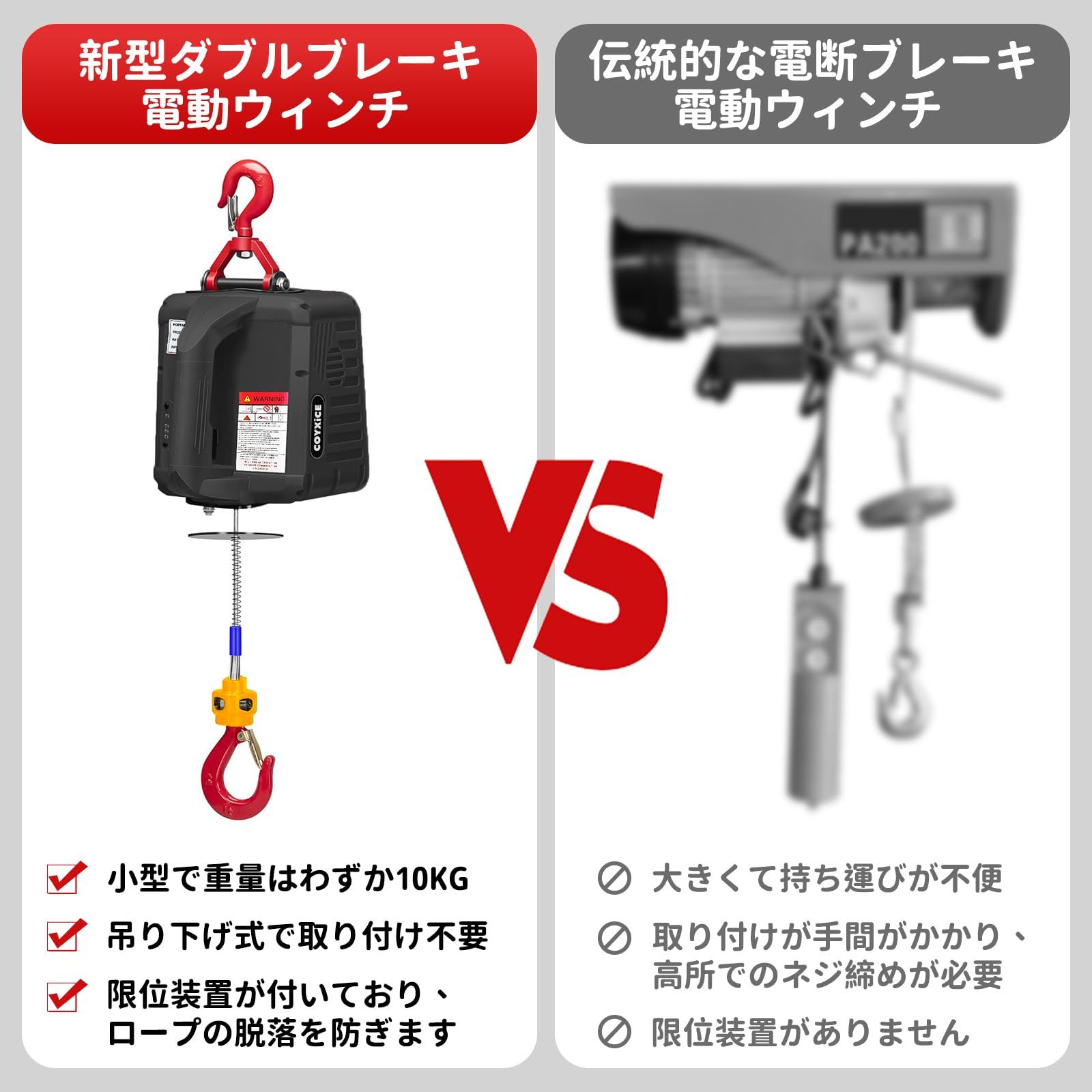 COYXiCE 電動ウインチ 1500W 電動ホイスト 超強荷重は500 kg 小型クレーン リフト高さ7.6m 携帯型で ウインチ 巻き上げ機 無線リモコン|有線制御|手動 ウインチ 100v 家庭用および商業用に適 エアコン設置 牽引 改修工事 荷役 HRDEVELOPMENT_JP