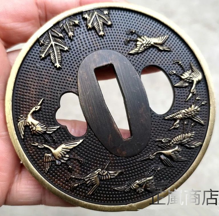 日本刀装具 刀鍔 鶴の図 銅地 細工 絵金銀 刀剣美術 武道具