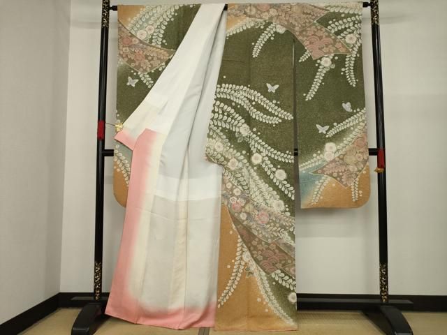 豪華振袖　作家物　絞り　舞花文　暈し染　金彩　着丈167.5cm　正絹 平和屋着物□豪華振袖 駒刺繍 鏡裏花文 暈し染め 金彩 正絹 逸品