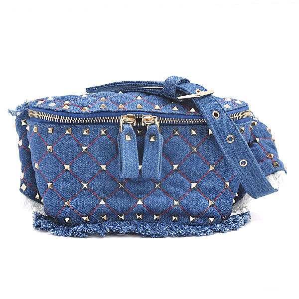 ヴァレンティノ バッグ レディース ウエウトポーチ フリンジ デニム スタッズ ブルー 肩掛け VALENTINO QW1B0B46BMK ヴァレンチノ