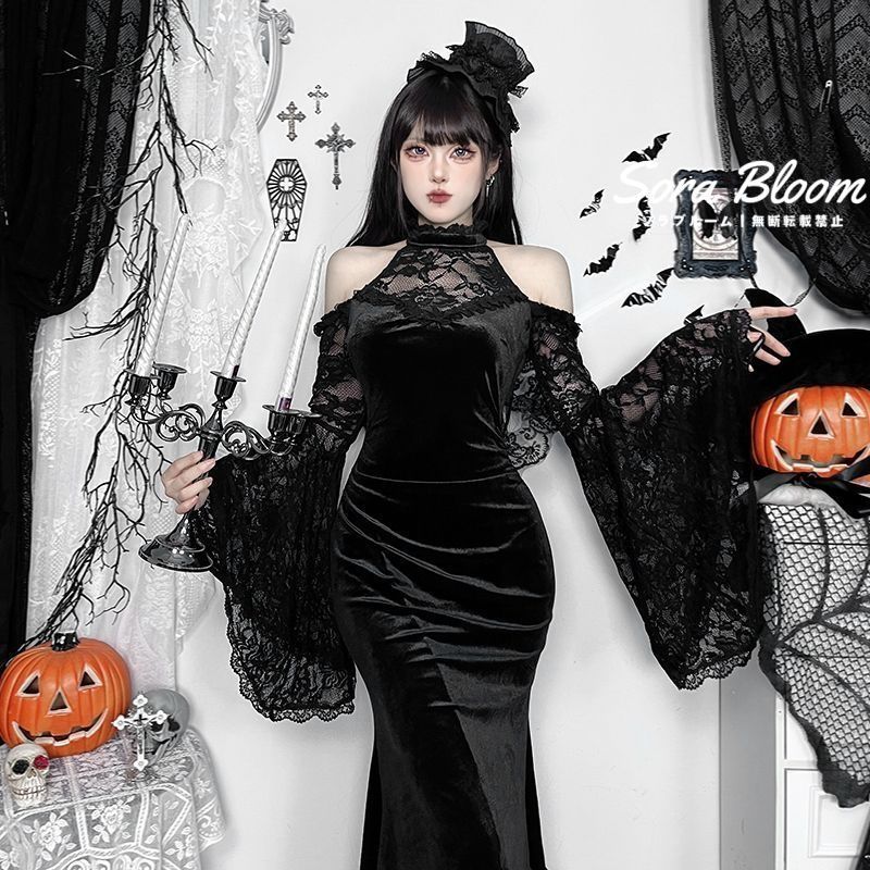 2025新作 暗黒ゴシック オフショルダー 長袖 ヴィンテージ風 ロングドレス 秋冬用 シックで妖艶なデザイン 包み込むシルエット ウエストシェイプ 女性用 夜会 衣装 撮影会 コスプレ ハロウィン衣装 イベント用 プレゼントにも最適