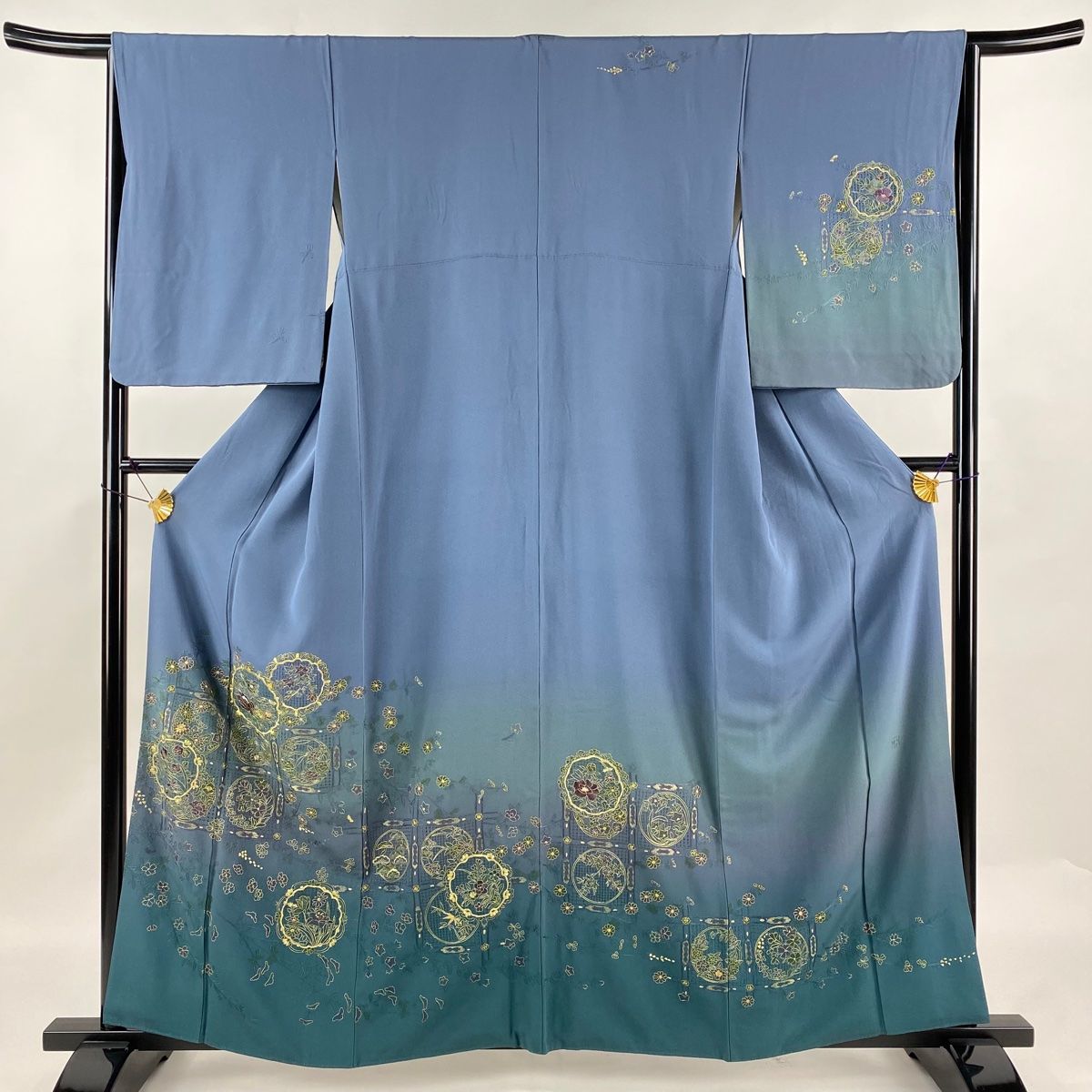訪問着 身丈160cm 裄丈65.5cm M 袷 格天井 草花 刺繍 金糸 青灰色 正絹 名品