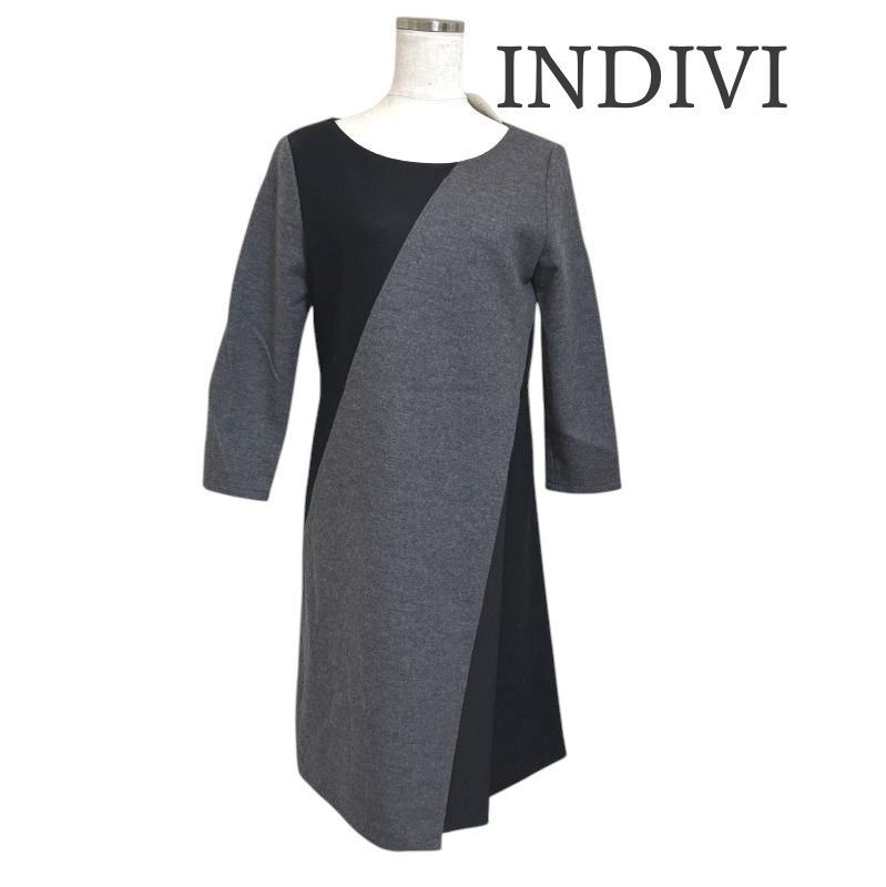 INDIVI Aライン ワンピース ウール混 ロングワンピース ドレッシー グレー 黒 7分袖 M