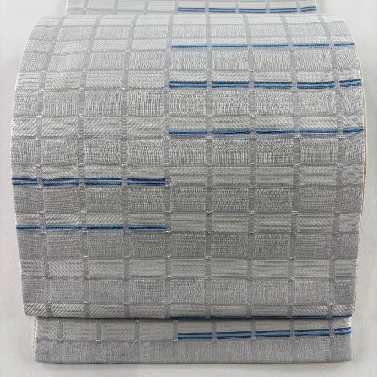正絹　全通袋帯【縞　ラメ】No2690 六通袋帯 白色 中古品 正絹 西陣織 ラメ 銀糸 yzk057ブランド