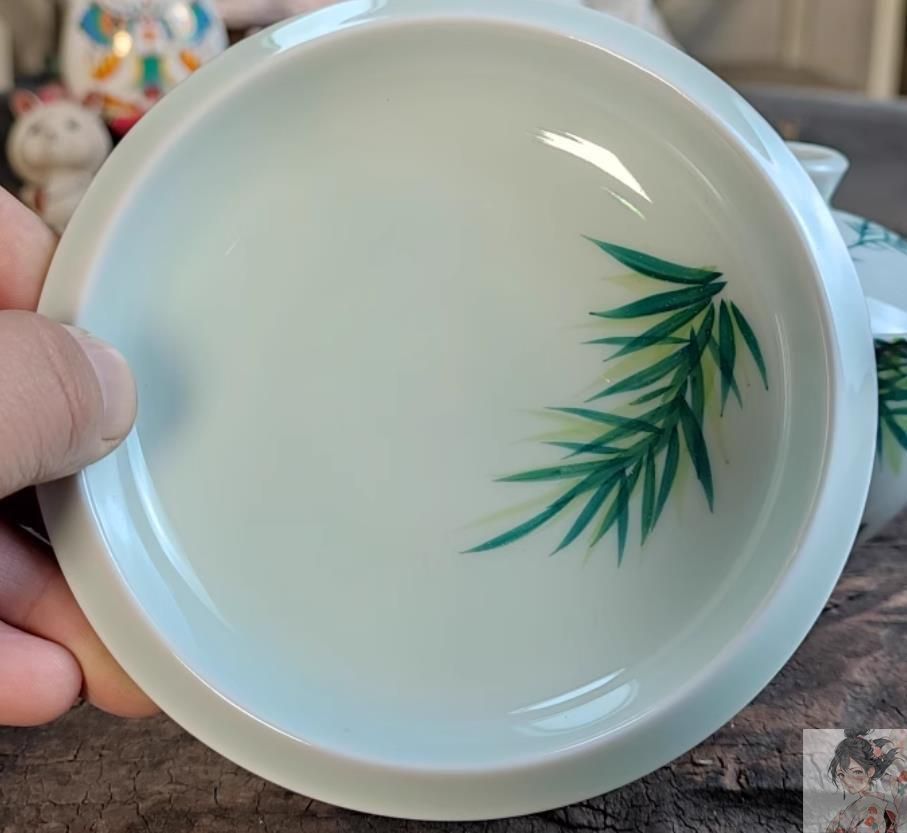 青磁彩竹三才蓋碗 茶碗 蓋碗 新品 中国美術 湯呑 茶器 煎茶器