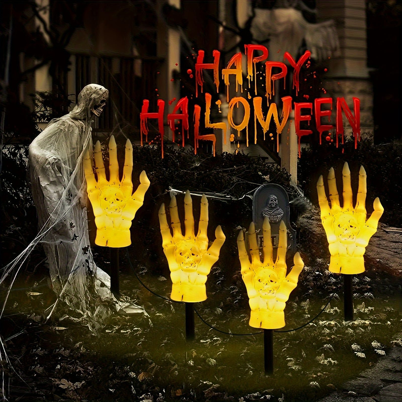 ハロウィーン スケルトンハンド ライト 4パック プラスチック製 LED 装飾 照明 庭 パーティ 庭 かぼちゃ コスプレ 仮装