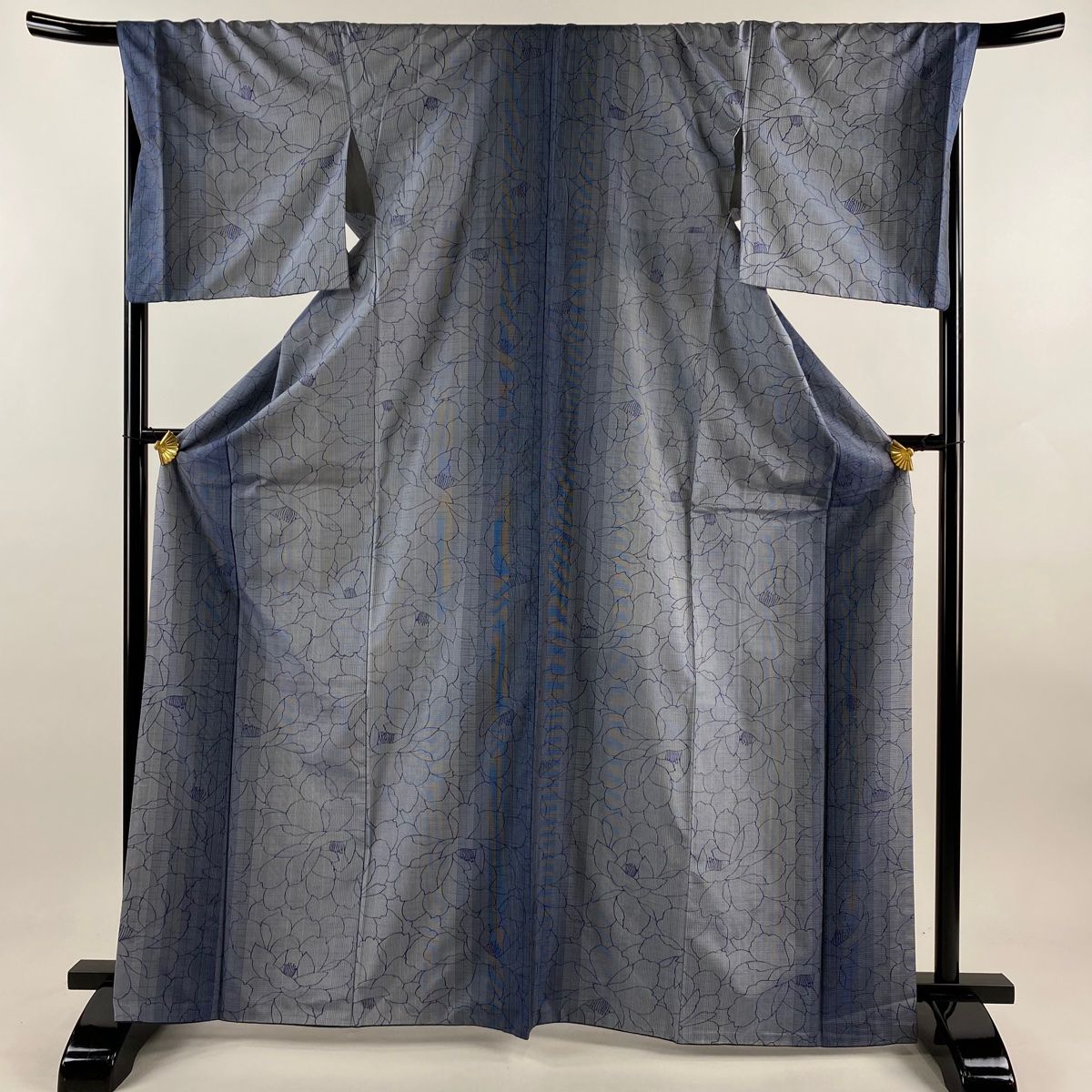大島紬［袷］【裄 約67cm　身丈165cm】　正絹未使用 小紋 身丈168.5cm 裄丈69cm L 袷 大島紬地 証紙 花 藍色 正絹