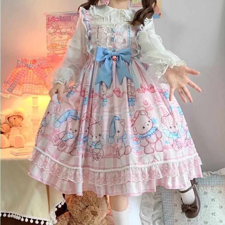 ロリータ ワンピース ジャンパースカート かわいい 膝丈 甘ロリ ゴスロリ ワンピース お姫様 フリル ロリータ服 Lolita レース リボン 裾フリル レディース コス