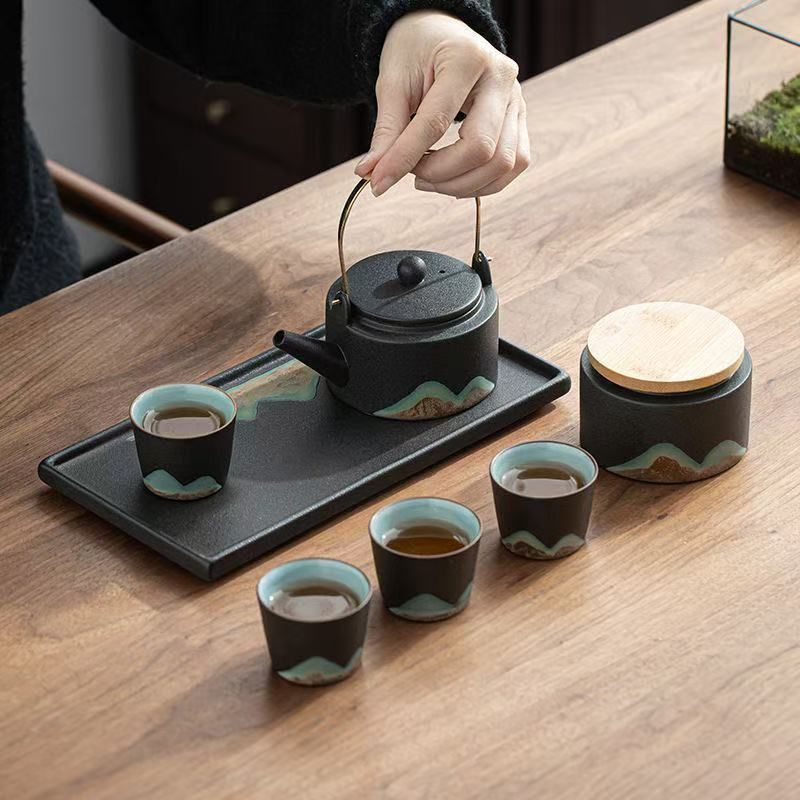 茶器セット 7点セット ティーポット 陶器製 湯呑み 茶入れ ティートレー付き 和風 感 茶道具 家庭用 来客用 普段使い用 旅行 お出かけ用 中国茶 日本茶 紅茶 プレゼント 誕生日 ギフト