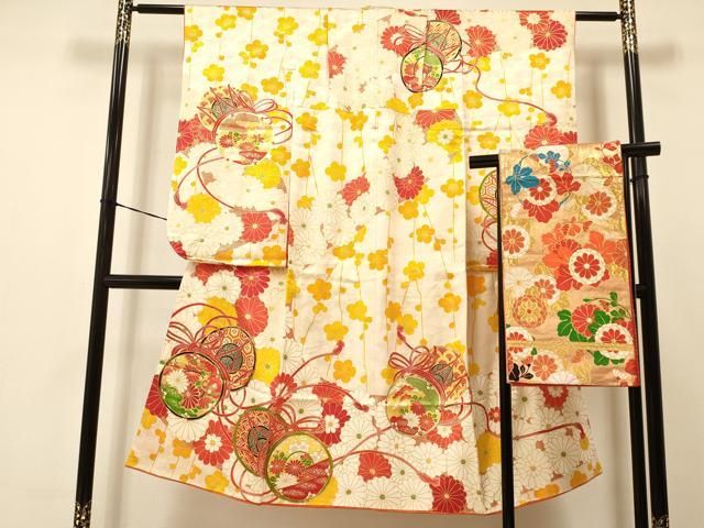 平和屋着物[]七五三 女の子 7歳 祝着 四つ身 袋帯セット 露芝花蝶文