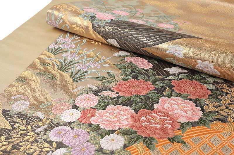中古】 袋帯 正絹 唐織 金糸 クリーム色 赤 ピンク 橙 黄色 白 紫 緑