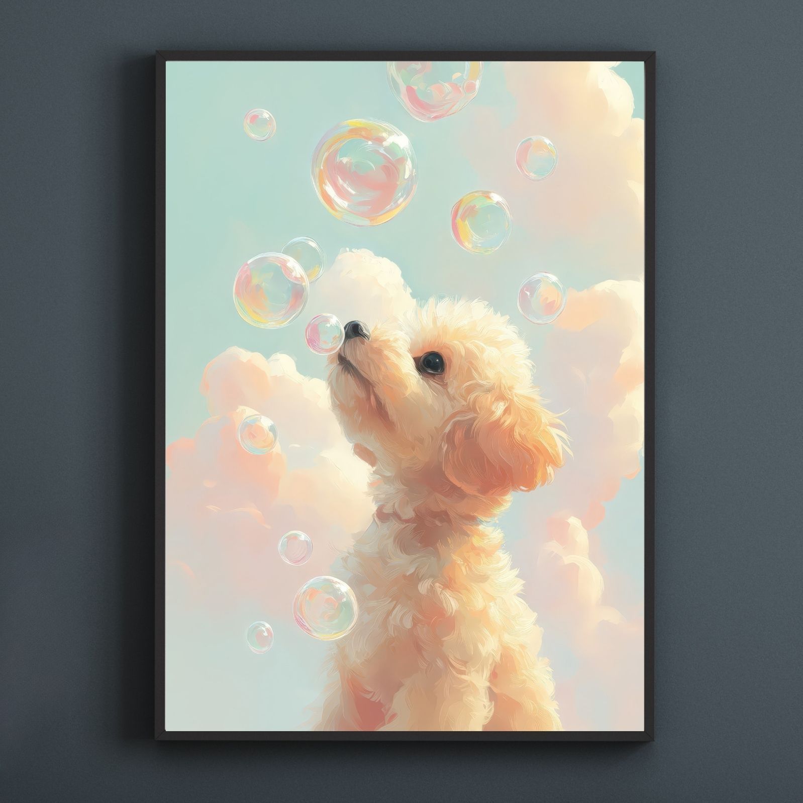 名入れOK 犬とシャボン玉 - トイプードル犬 No.3 アートポスター うちの子記念日 ペットロス 北欧 ナチュラル