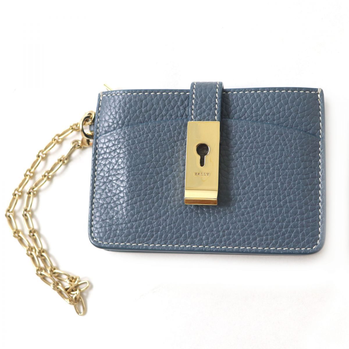 極美品◎イタリア製 22年購入 BALLY バリー AVA W.T レザー カードケース／名刺入れ／コインケース ブルー系×ゴールド金具 箱付き