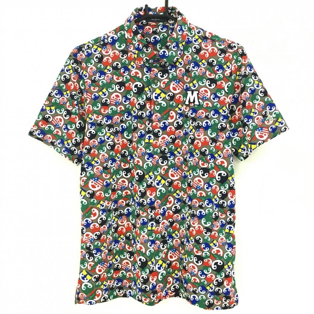 【超美品】マンシングウェア 半袖ポロシャツ カーキ×マルチカラー ペンギン総柄 胸ワッペン  メンズ L ゴルフウェア Munsingwear