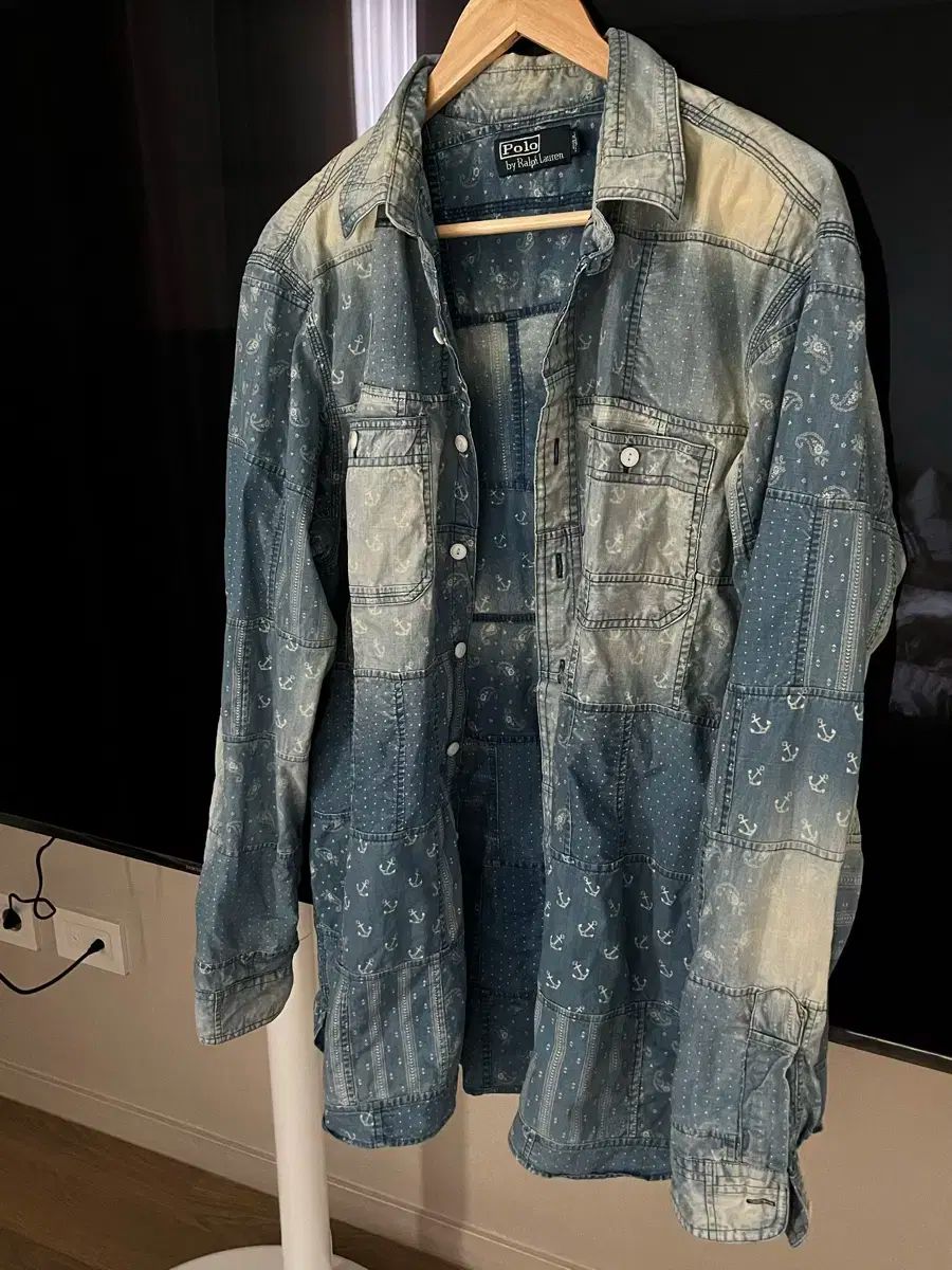 ポロ Ralph Lauren ラルフローレン デニム シャツ アンカー ドット ペイズリー パッチワーク パターン L