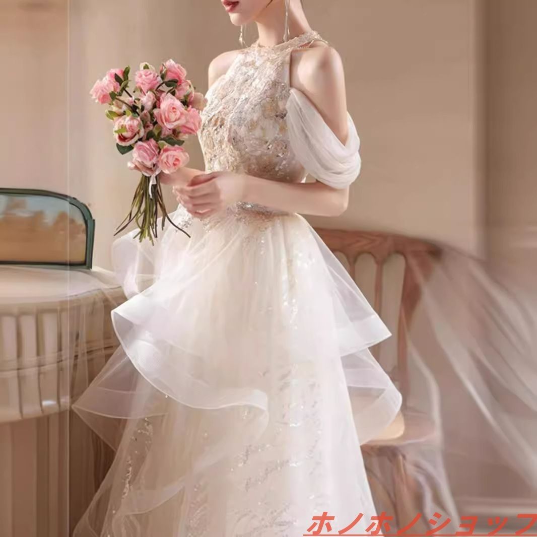 ワンショルダー 2025年新作 ウェディングドレス 新婦 重工 ピンク