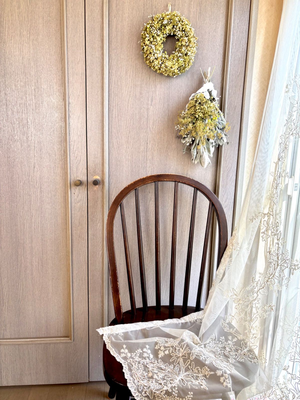 ドライフラワー★アナベルナチュラルスワッグ★癒し♪1点物♪インテリア♪ リース&スワッグset アナベル 夏に飾る アナベルとニゲラの