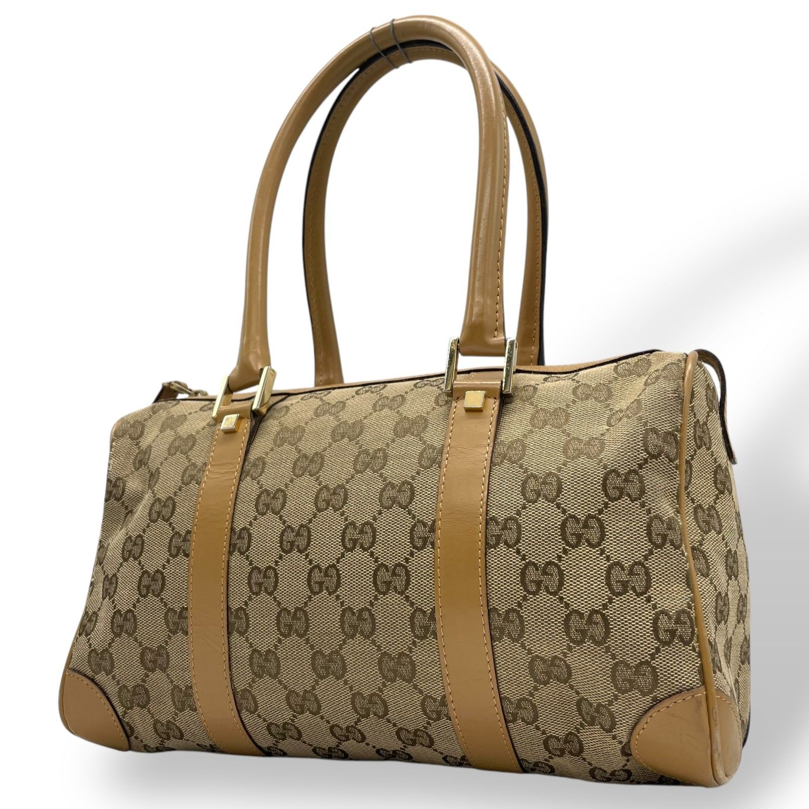 GUCCI ゴールド　ミニボストンバッグ　ハンドバッグ　GGキャンバス　レザー GUCCI ゴールドミニボストンバッグハンドバッグGGキャンバスレザー