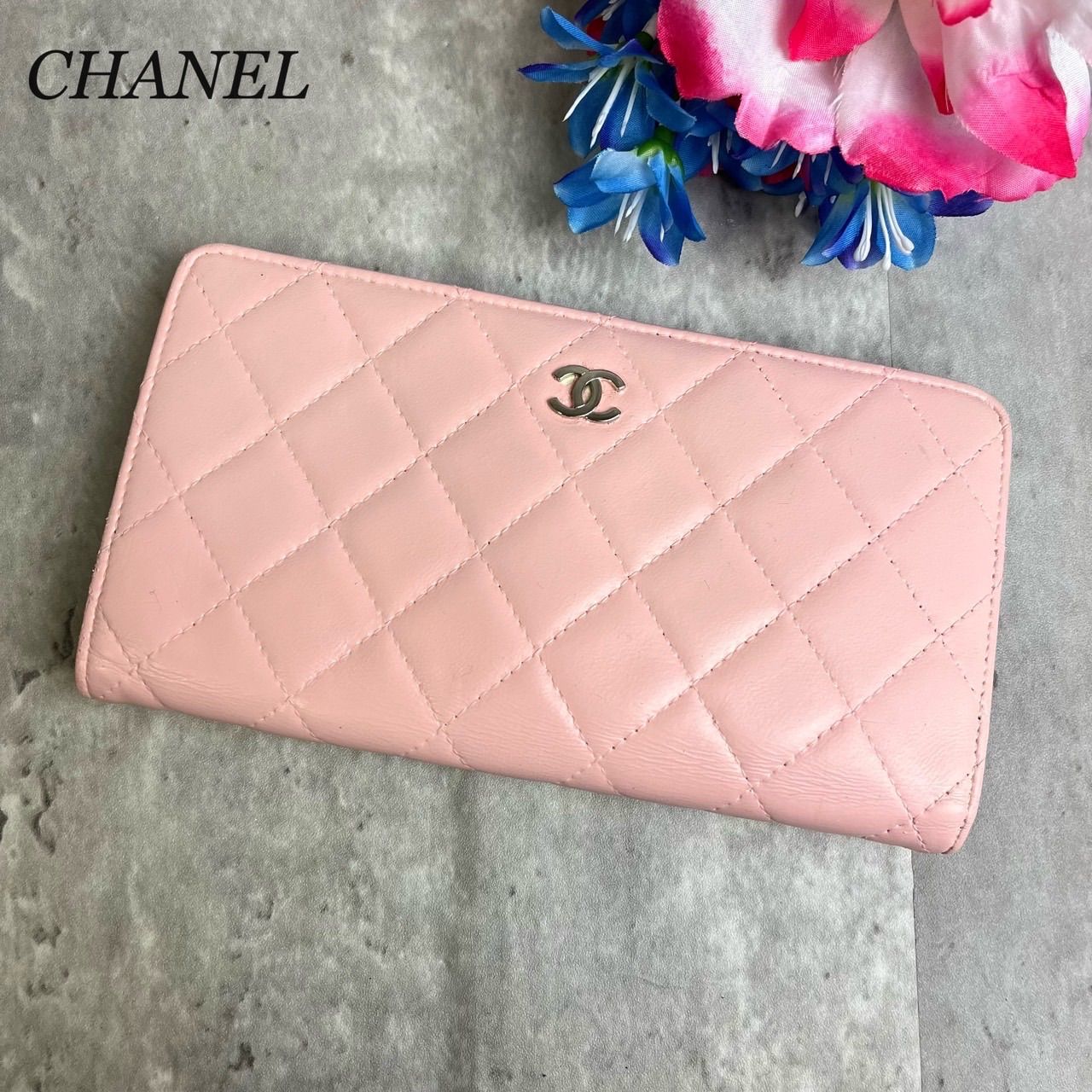 シャネル 長財布 CHANEL マトラッセ 二つ折り ラムスキン ピンク-