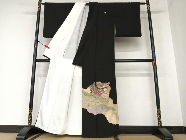 平和屋着物○江戸小紋 京友禅 道長花文 黒地 反端付き 正絹