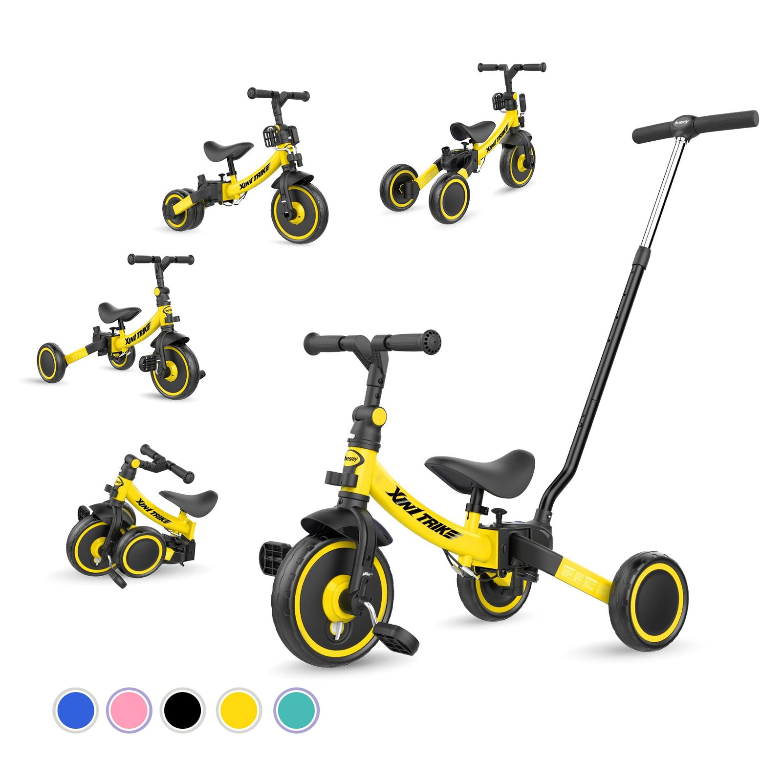 besrey 子供用三輪車 XIN1 三輪車 かじとり ランニングバイク ベビーカー 手押し棒 1歳から5歳まで 折りたたみ 軽量 ハンドル 調整 誕生日プレゼント お祝いギフト イエロー