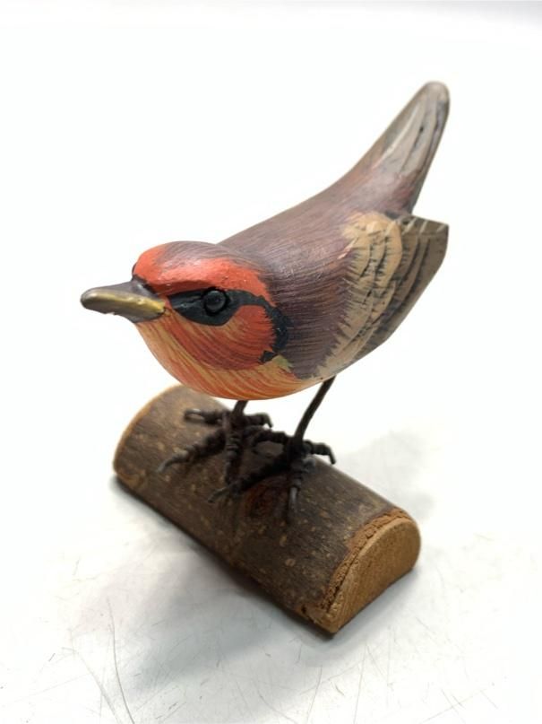 アカガオアメリカムシクイ バードカービング 野鳥彫刻 木彫りの野鳥 置物 インテリア レトロ ヴィンテージ A7402A06