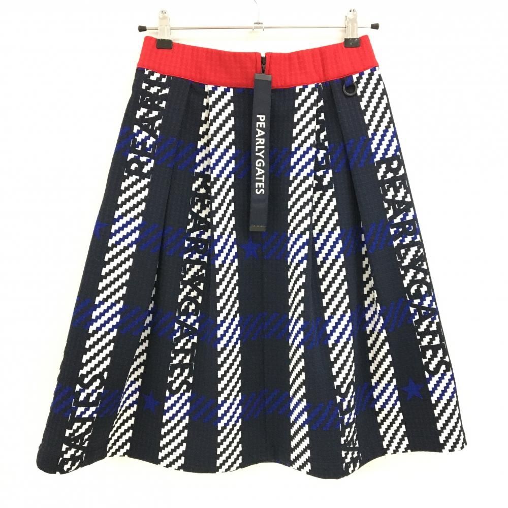 超美品】パーリーゲイツ スカート ネイビー×白×ブルー 総柄 ウエスト
