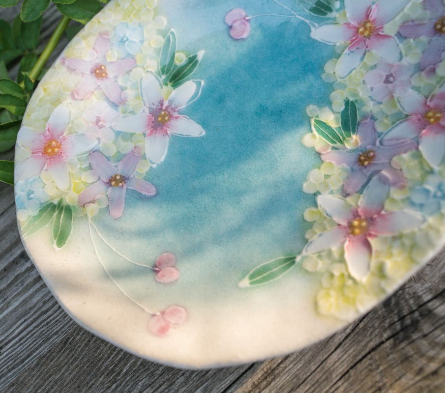 新品ゆずりは工房　瀬戸焼手描き　薄紅花景色 　食器取り皿ケーキ皿 デザート　インテリア　贈物　母の日