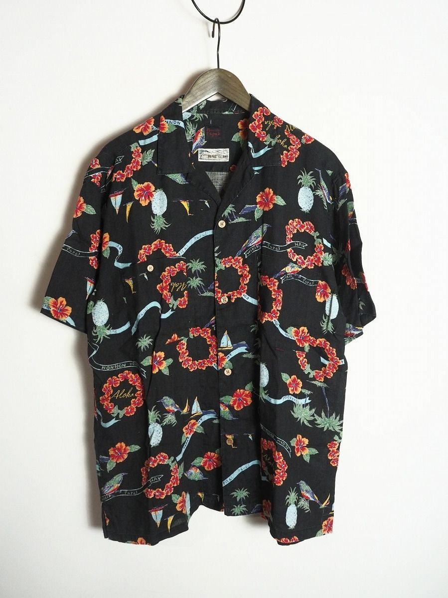 美品 Papas/パパスアイランド リネン100% アロハシャツ メンズL 美品◇リネン100% PAPAS ISLAND パパス オープンカラー 半袖