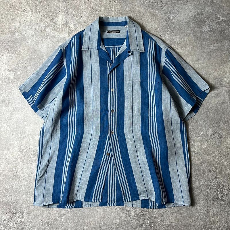 ✨新品✨Christian Diorクリスチャンディオール半袖ストライプシャツS 80s Christian Dior ストライプ 半袖 リネン オープンカラー