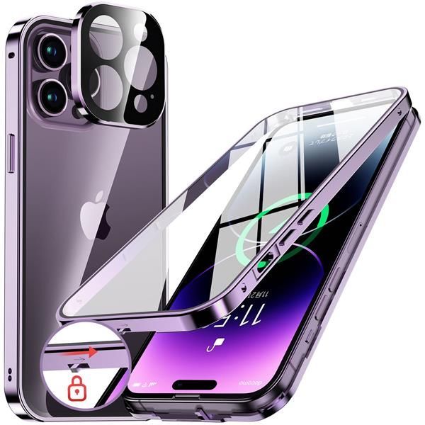 iPhone 14 Pro_ディープパープル NIANGUO【ロック機能付き・自動ポップアップボタン】 iPhone14 Pro 用 ケース クリア 【両面強化ガラス】 9H硬度 【一体型レンズ保護】 アイフォン14プロ カバー アル