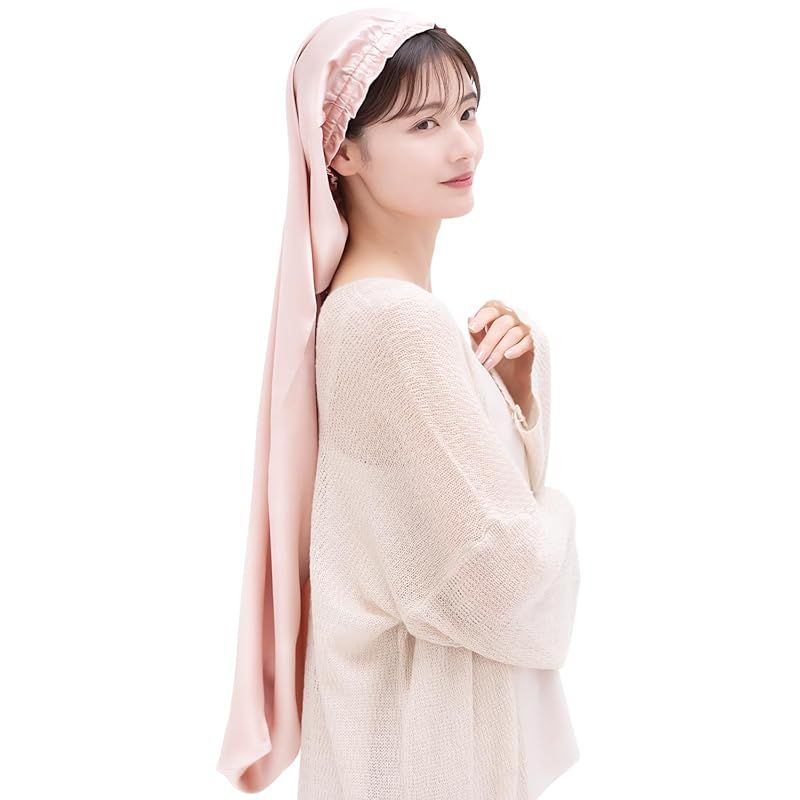 [COCOSILK] シルク ナイトキャップ ロングヘア用 シルクキャップ 筒型 ナイトキャップ ロング 髪 シルク100% 筒 ロングヘア 筒状 ヘアキャップ (90cm， Free Size， ライトピンク)