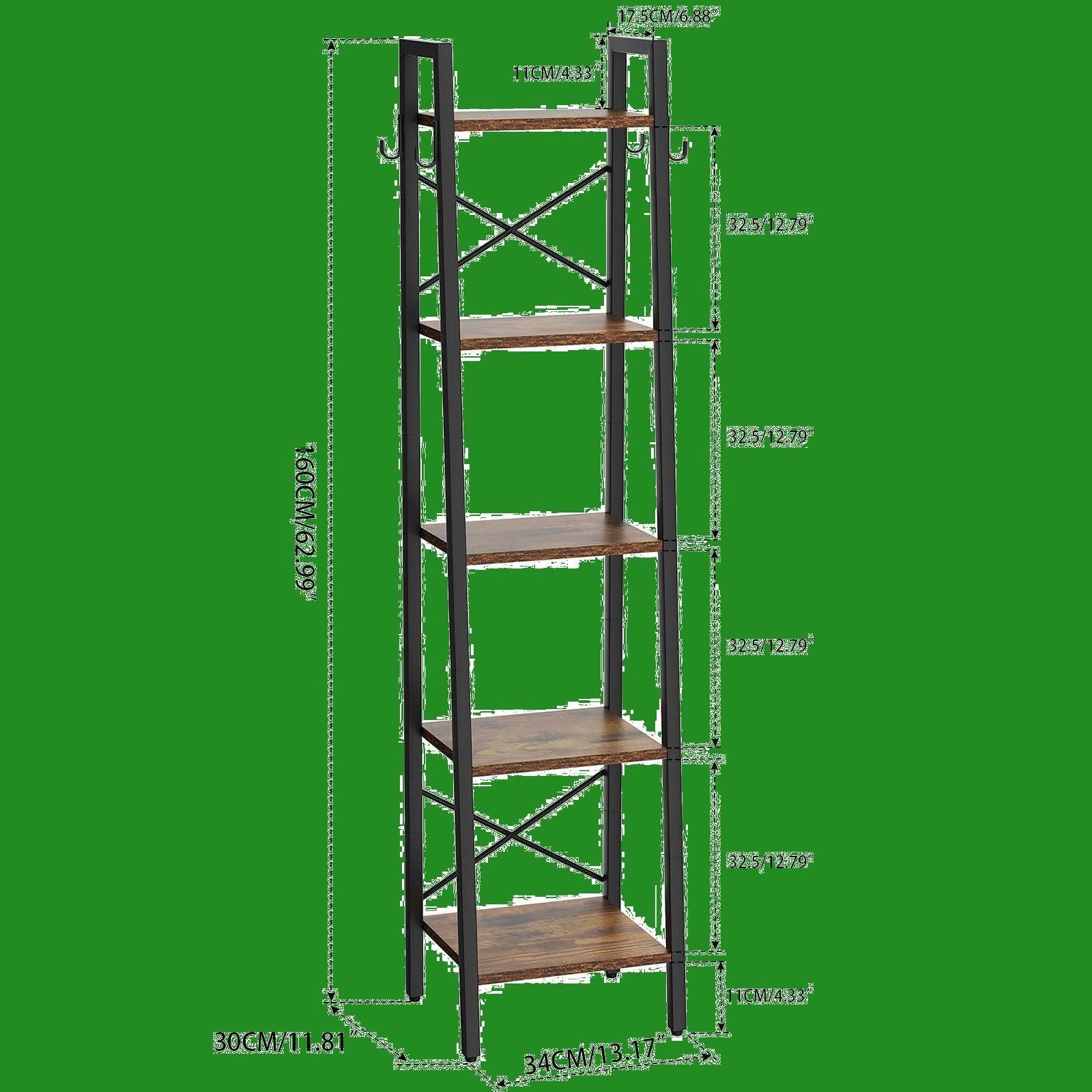 YMYNYオープンシェルフ 5階建て本棚 台形書架 独立式棚 長さ34 x幅30 x高さ160 cmストレージラック 木製棚をDIYする  堅牢なX型メタルフレーム付き 側面A字構造 ホームオフィスリビングオフィス用 茶色 JPHBC025H