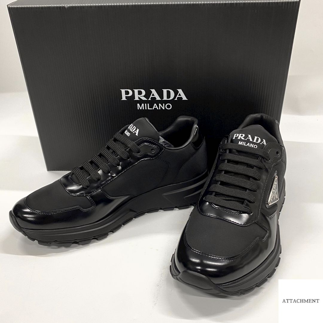 PRADA】プラダRe-Nylon xブラッシュドレザー メンズ スニーカー BLACK