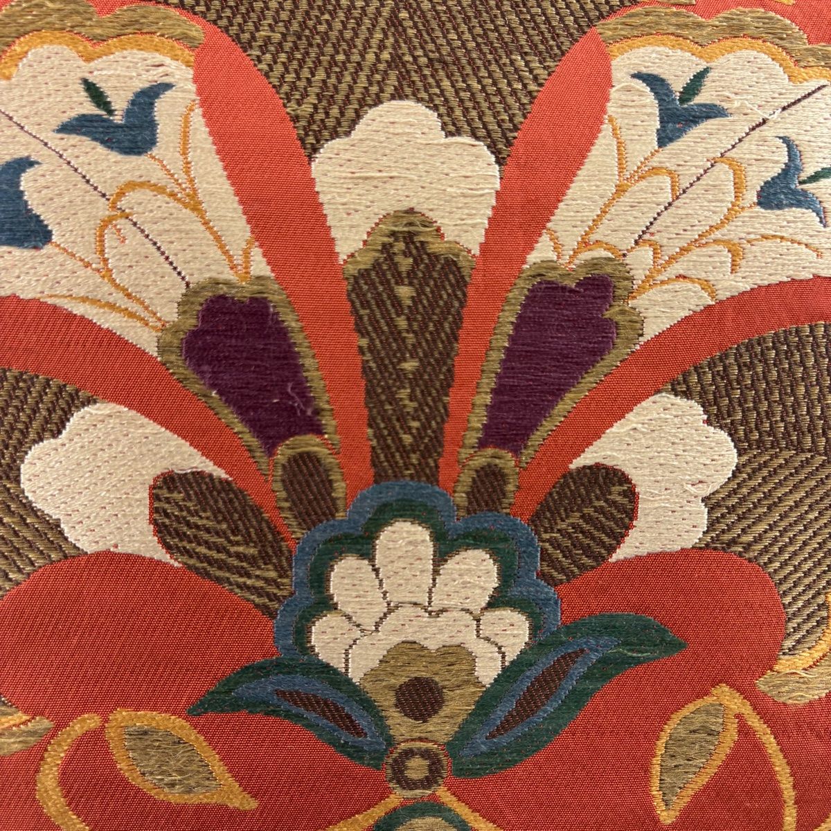 袋帯 洛風林 落款 草花 金糸 刺繍 朱色 全通 正絹