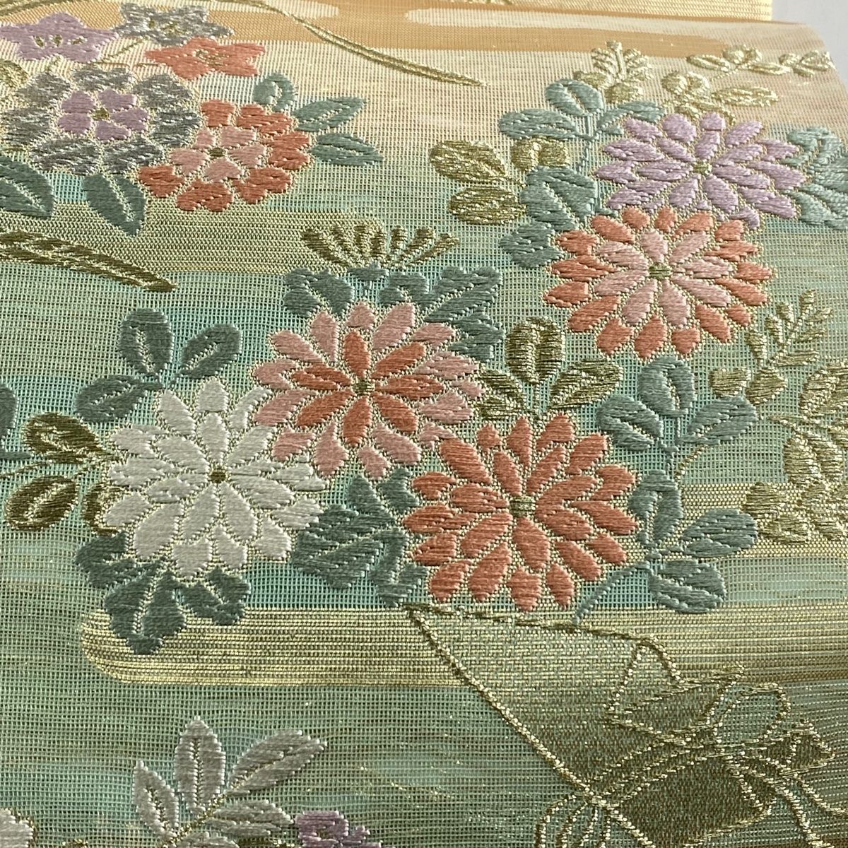 M149 夏帯　彩美人　花丸文　絽　六通　正絹　袋帯　美品 袋帯 美品 秀品 彩華花丸文 金銀糸 箔 金色 六通 正絹｜中古