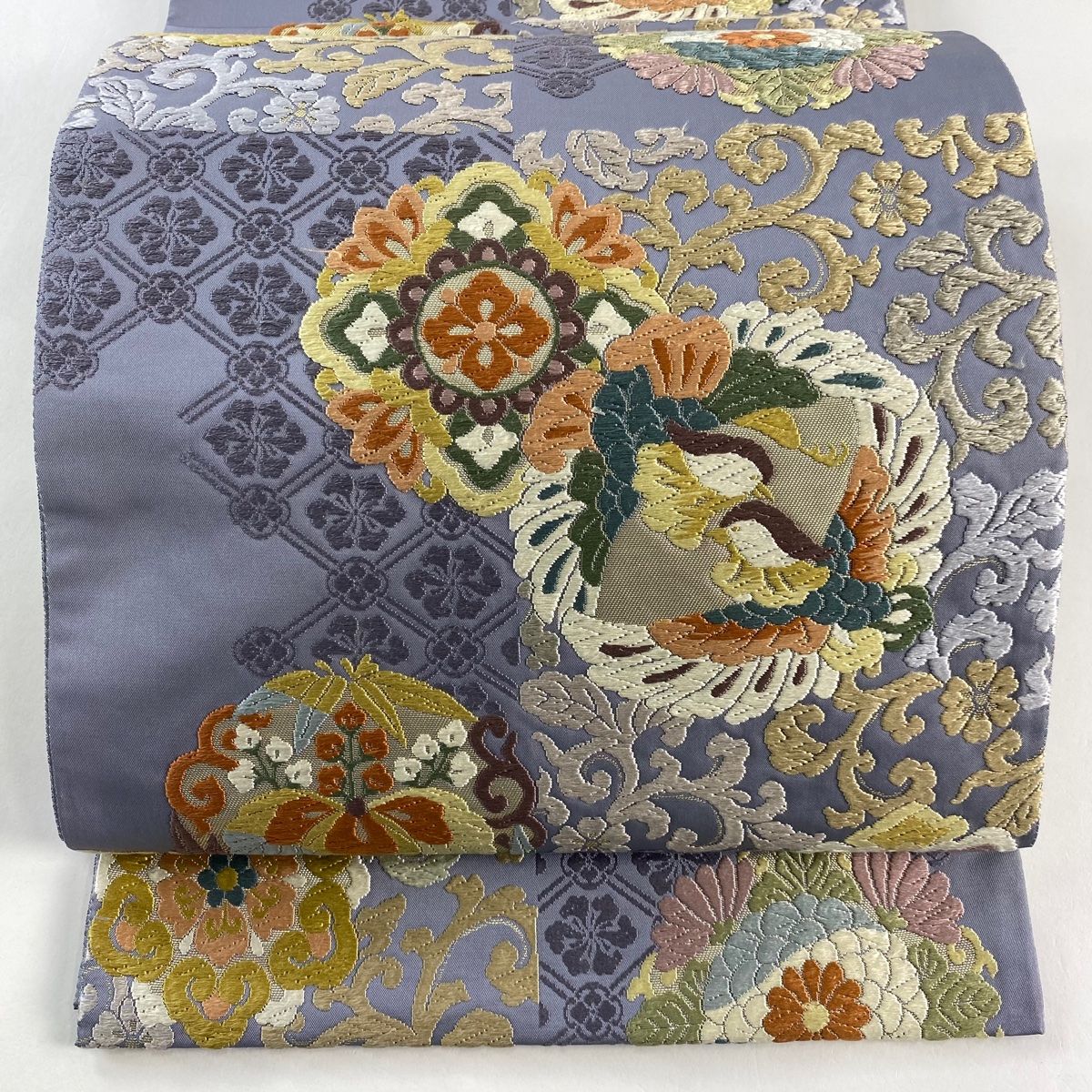 袋帯 華文 鴛鴦 唐織 箔 薄紫 六通 正絹