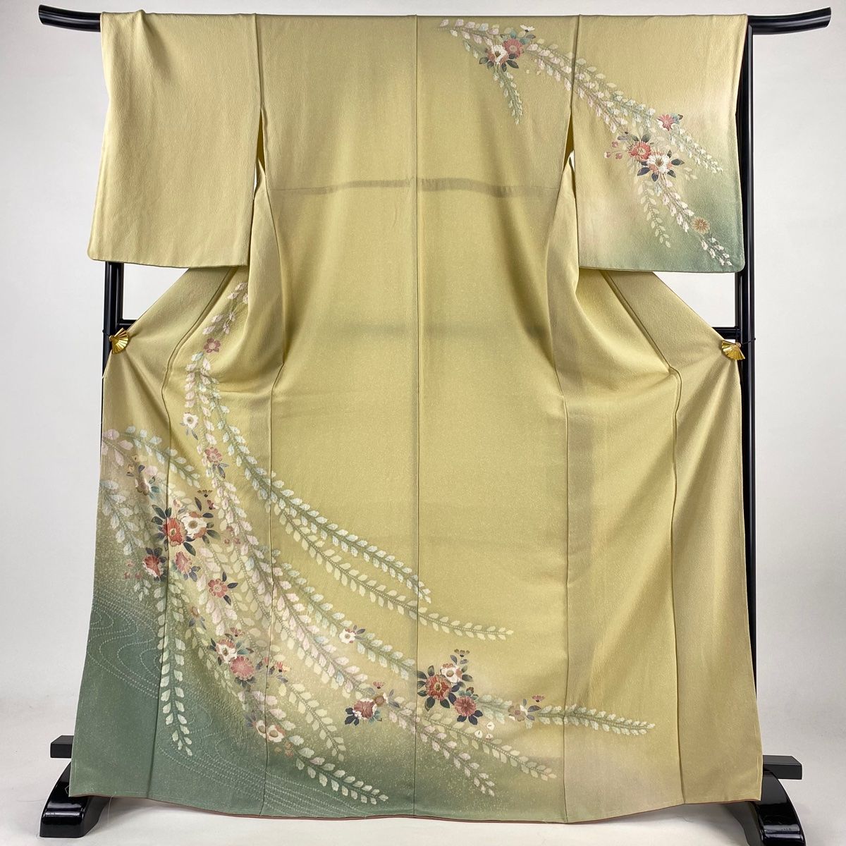 訪問着 身丈170.5cm 裄丈67.5cm L 袷 草花 流水 絞り ぼかし ベージュ 正絹 名品