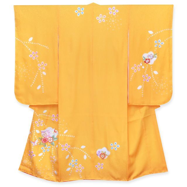 七五三 着物 7歳 フルセット 正絹 女の子 本絞り 刺繍入り 絵羽柄の子供着物 セット 黄色 桜に蝶 IYS900i26-848FZ